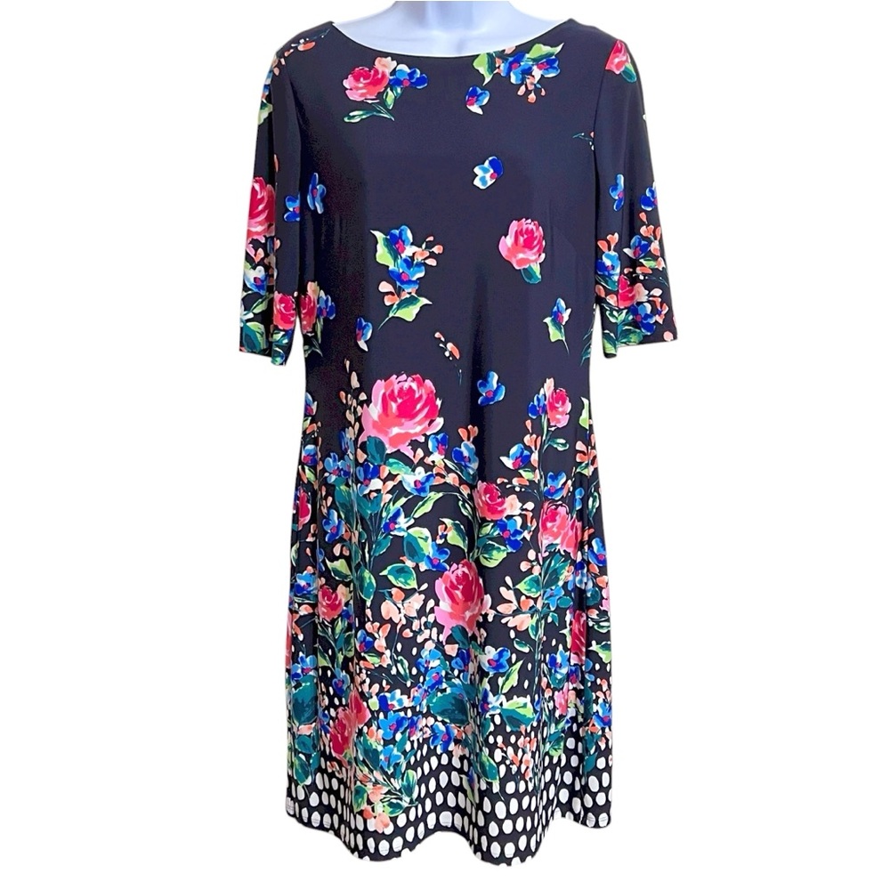 Eliza J Floral Feminine Jersey Dress 6 Blue Stretch Wedding Garden Party Church